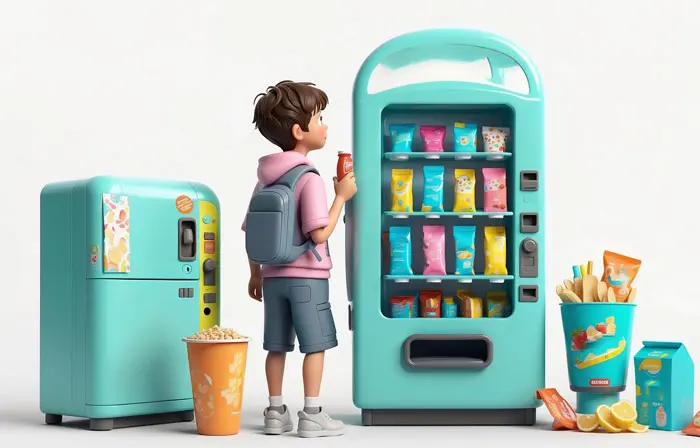 Boy Stands in Front of Vending Machine Stunning 3D Character Art Illustration image